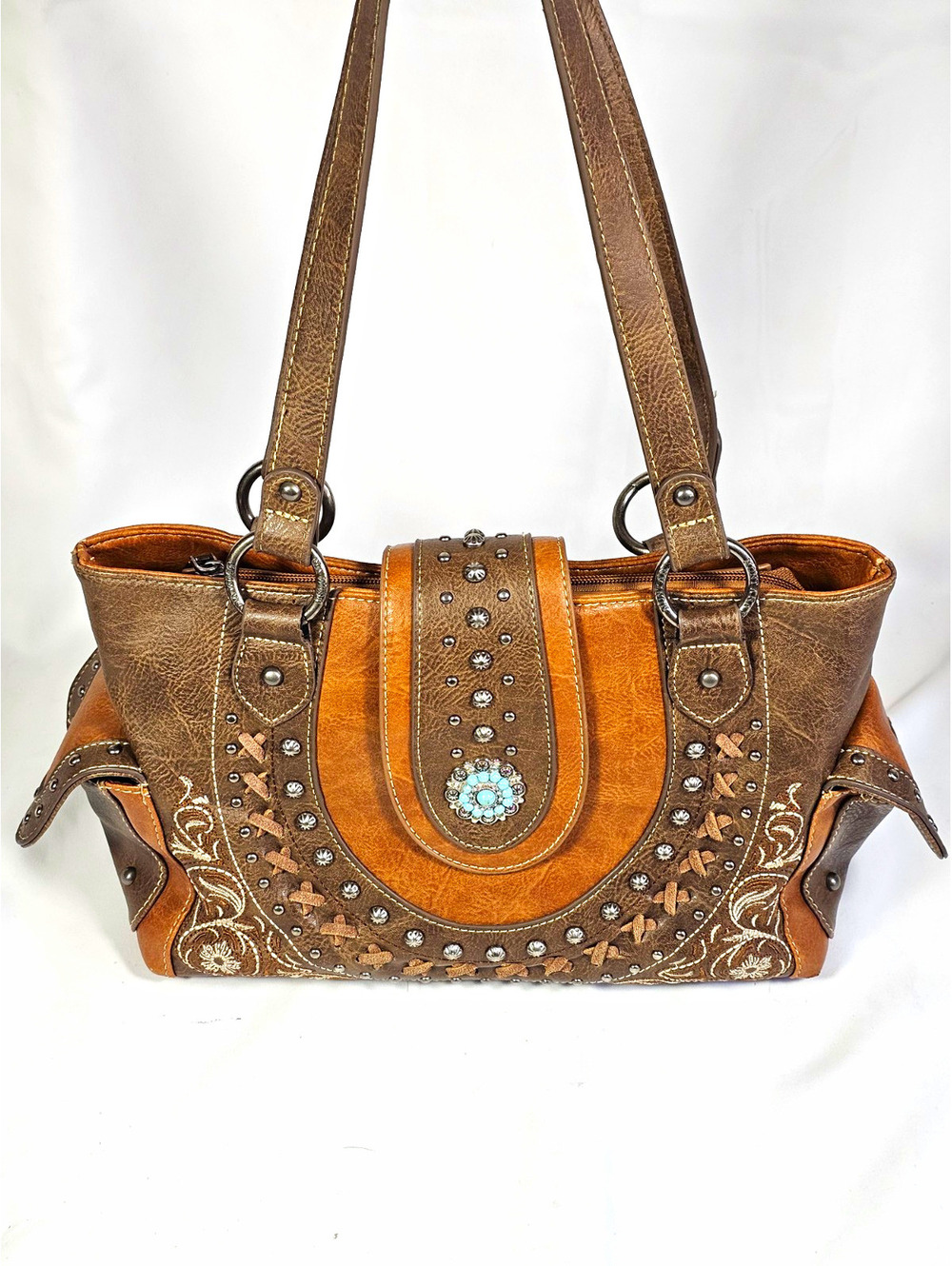 Montana West Tote Bag Purse Brown Leather Turquoise Concho Embroidered cowgirl